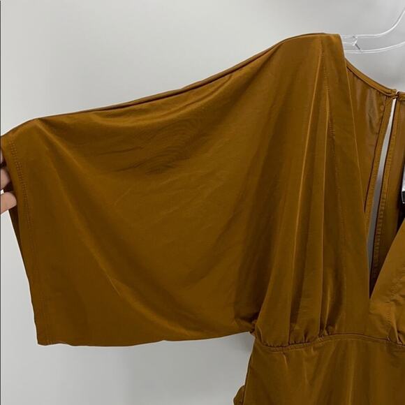 Mind Code Deep V-neck open back polyester body suit burnt mustard sz S - Picture 2 of 7